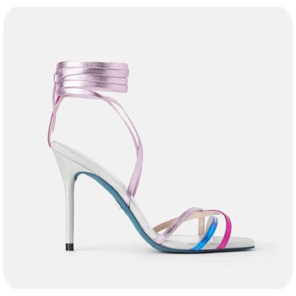 ZARA Blue Collection Sparkle Heels Lace-Up Glitter Metallic Formal Womens 7.5/38 - Picture 2 of 14